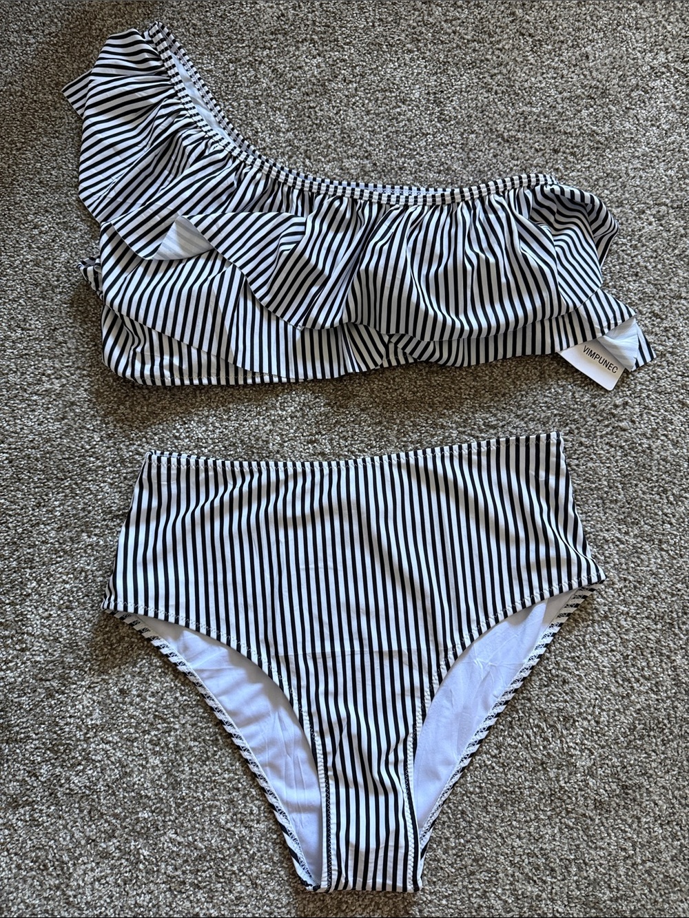 One-Shoulder Ruffle High-Waist Bikini - Black & White Stripe